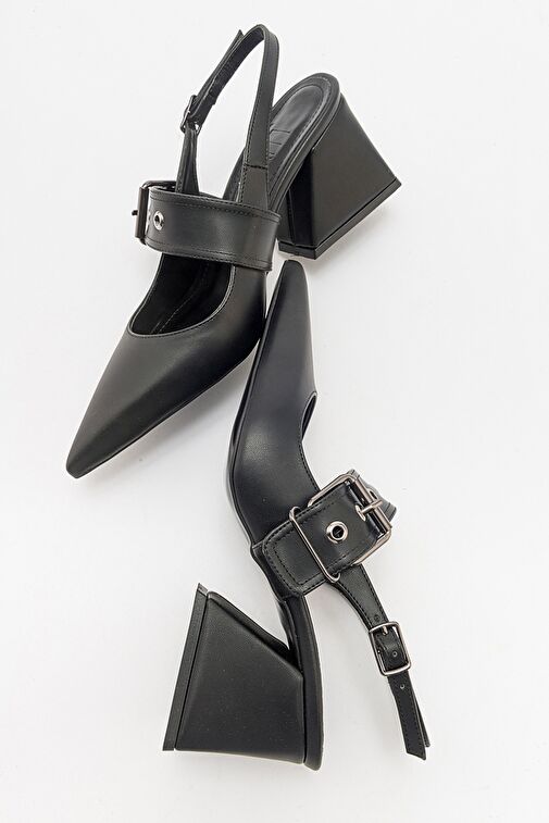 NEPİDO Siyah Cilt Kadın Sivri Burun Arkası Açık Kalın Topuklu Ayakkabı - Görsel 6