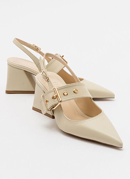 NEPİDO Ekru Cilt Kadın Sivri Burun Arkası Açık Kalın Topuklu Ayakkabı - Görsel 2