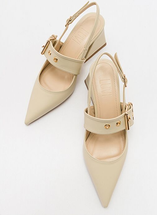 NEPİDO Ekru Cilt Kadın Sivri Burun Arkası Açık Kalın Topuklu Ayakkabı - Görsel 3