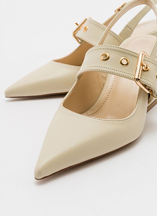 NEPİDO Ekru Cilt Kadın Sivri Burun Arkası Açık Kalın Topuklu Ayakkabı - Görsel 4