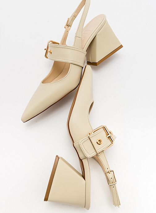 NEPİDO Ekru Cilt Kadın Sivri Burun Arkası Açık Kalın Topuklu Ayakkabı - Görsel 5