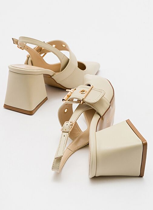 NEPİDO Ekru Cilt Kadın Sivri Burun Arkası Açık Kalın Topuklu Ayakkabı - Görsel 6