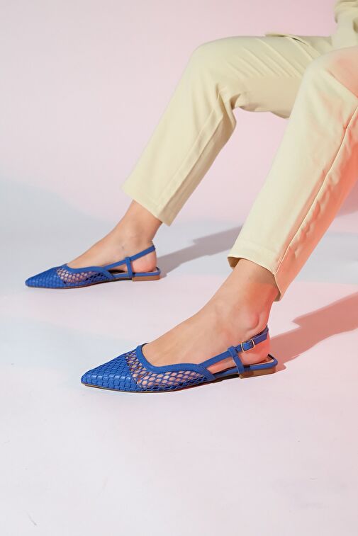 BRACE Kot Mavi Cilt Fileli Burnu Kapalı Kadın Düz Sandalet - Görsel 2