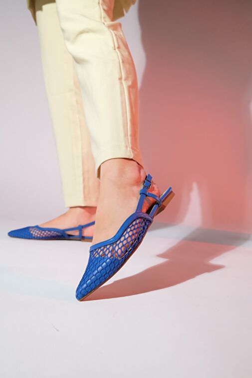 BRACE Kot Mavi Cilt Fileli Burnu Kapalı Kadın Düz Sandalet - Görsel 5