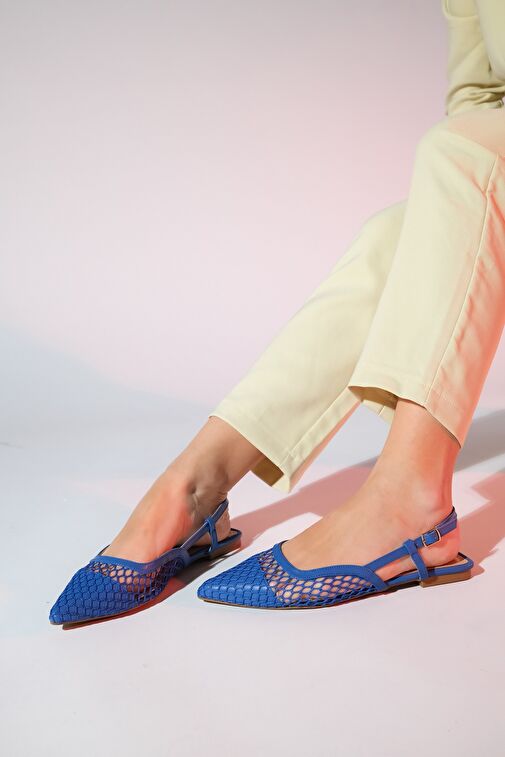 BRACE Kot Mavi Cilt Fileli Burnu Kapalı Kadın Düz Sandalet - Görsel 4