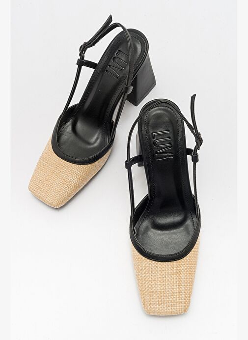 Luvi Shoes Siyah-Bej Kadın Hasır Topuklu Ayakkabı 71-2028 - Görsel 4