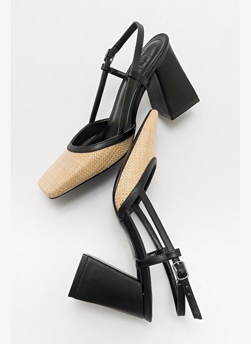 Luvi Shoes Siyah-Bej Kadın Hasır Topuklu Ayakkabı 71-2028 - Görsel 3