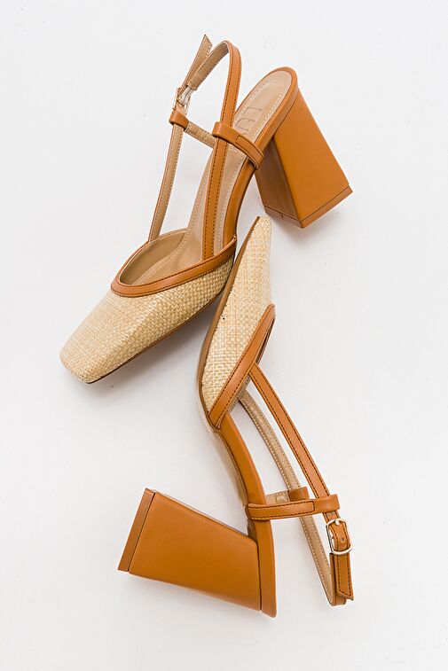 RİVİE Taba Hasır Kadın Küt Burun Kalın Topuklu Ayakkabı - Görsel 5