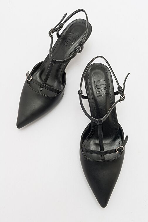 FRANS Siyah Cilt Kadın Sivri Burun Arkası Açık Kısa Topuklu Ayakkabı - Görsel 3