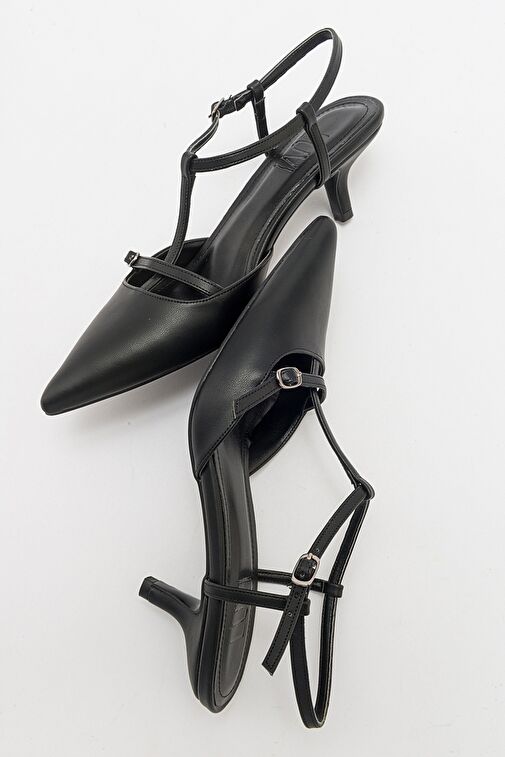 FRANS Siyah Cilt Kadın Sivri Burun Arkası Açık Kısa Topuklu Ayakkabı - Görsel 4