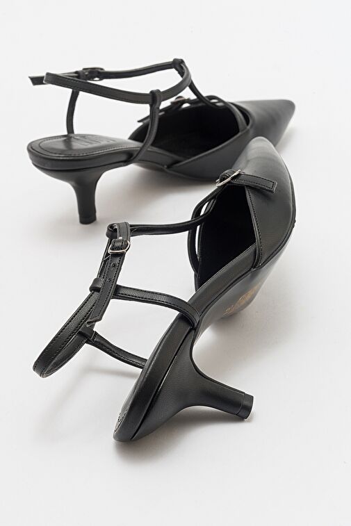 FRANS Siyah Cilt Kadın Sivri Burun Arkası Açık Kısa Topuklu Ayakkabı - Görsel 5