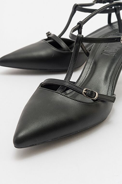 FRANS Siyah Cilt Kadın Sivri Burun Arkası Açık Kısa Topuklu Ayakkabı - Görsel 6