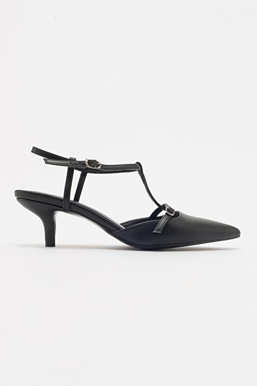 FRANS Siyah Cilt Kadın Sivri Burun Arkası Açık Kısa Topuklu Ayakkabı - Görsel 7
