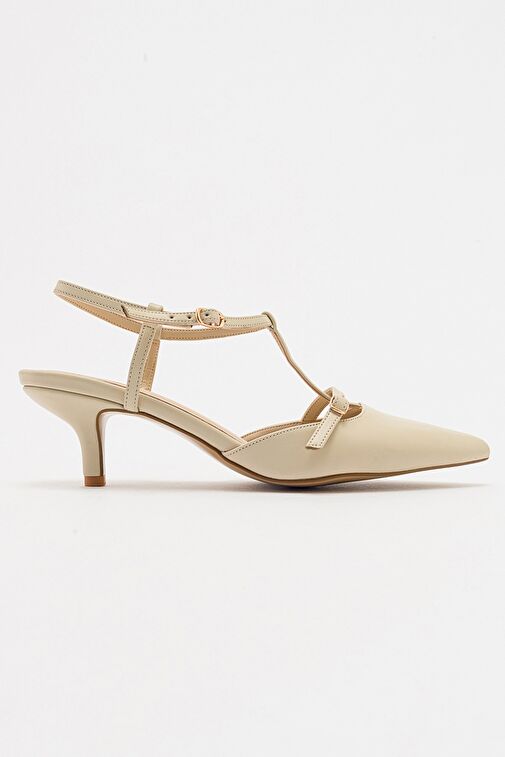 FRANS Ekru Cilt Kadın Sivri Burun Arkası Açık Kısa Topuklu Ayakkabı - Görsel 7