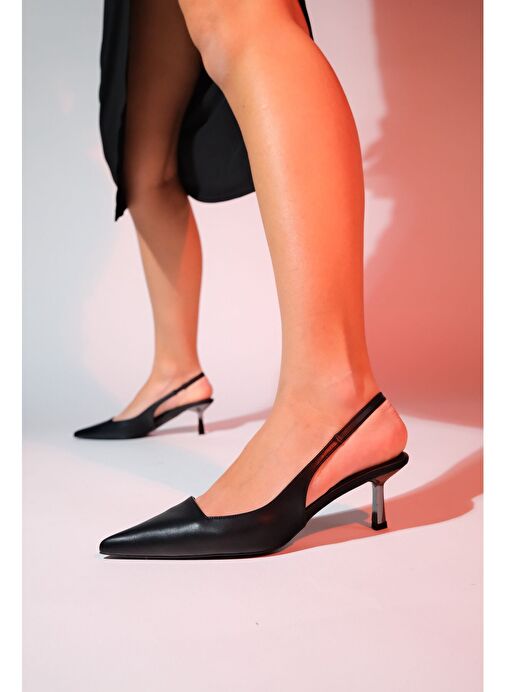 MARTEN Siyah Cilt Kadın Sivri Burun Arkası Açık İnce Topuklu Ayakkabı - Görsel 2
