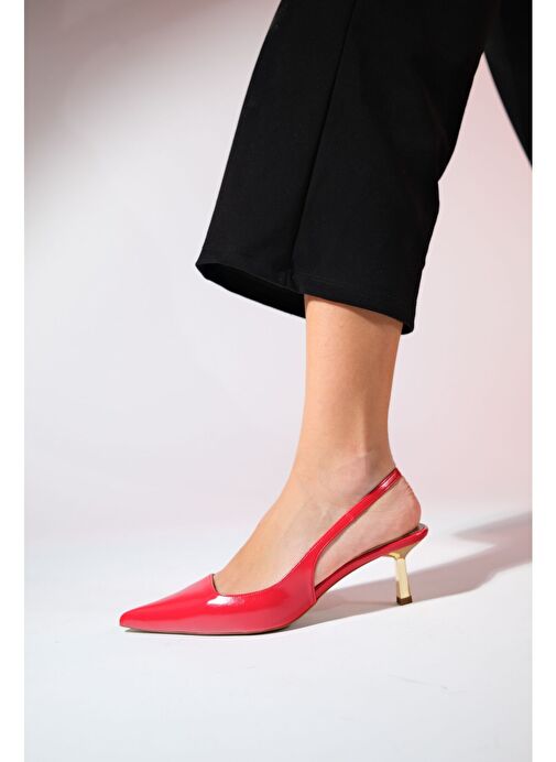 MARTEN Kırmızı Cilt Kadın Sivri Burun Arkası Açık İnce Topuklu Ayakkabı - Görsel 4