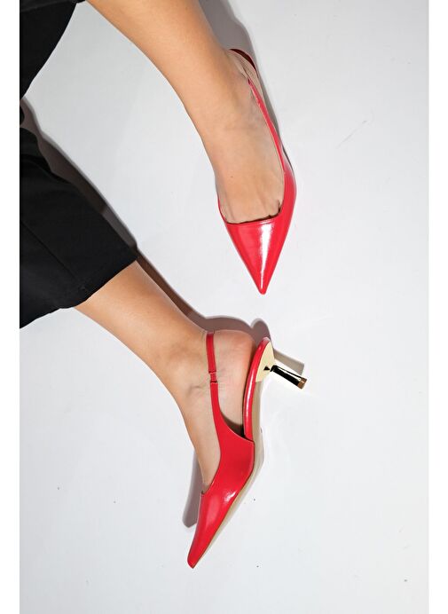 MARTEN Kırmızı Cilt Kadın Sivri Burun Arkası Açık İnce Topuklu Ayakkabı - Görsel 6