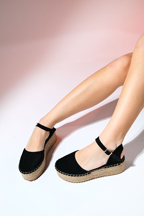 VİBA Siyah Süet Hakiki Deri Kadın Hasır Dolgu Taban Sandalet - Görsel 5