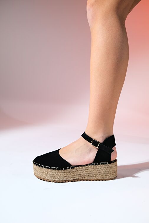 VİBA Siyah Süet Hakiki Deri Kadın Hasır Dolgu Taban Sandalet - Görsel 6