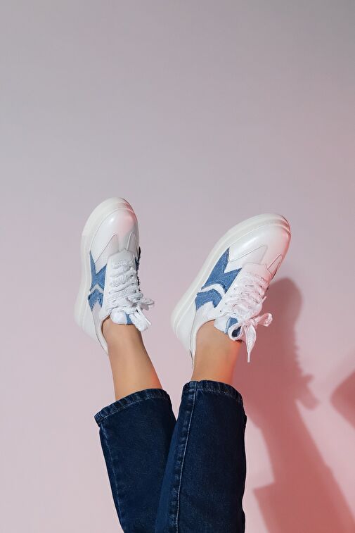 SANDE Beyaz Denim Detaylı Kadın Spor Sneakers - Görsel 3