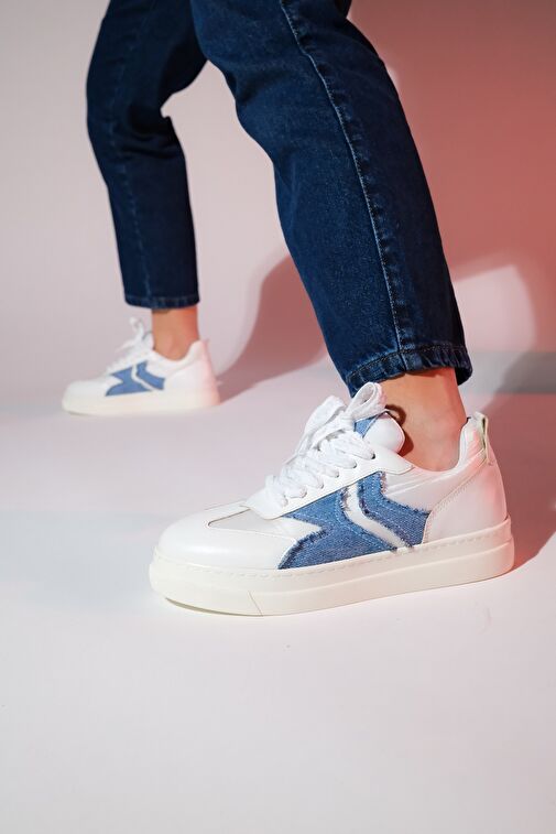 SANDE Beyaz Denim Detaylı Kadın Spor Sneakers - Görsel 5