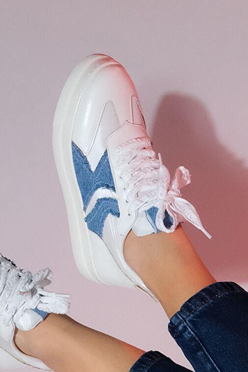 SANDE Beyaz Denim Detaylı Kadın Spor Sneakers - Görsel 6
