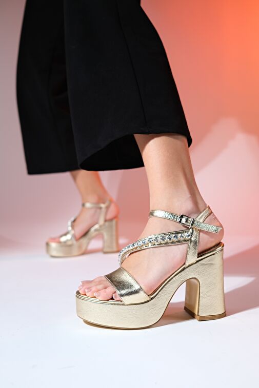 Luvi Shoes Altın Kadın Platform Topuklu Abiye Ayakkabı 1-225K103 - Görsel 5