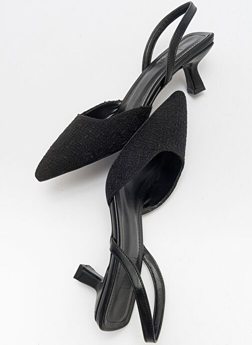 OVER Siyah Tüvit Sivri Burun Kısa Topuklu Kadın Ayakkabı - Görsel 6