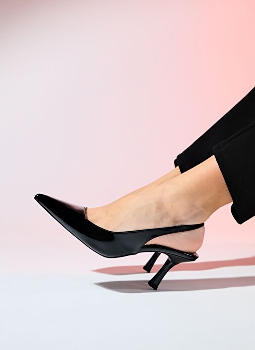 FLEM Siyah Rugan Kadın Sivri Burun Arkası Açık İnce Topuklu Ayakkabı - Görsel 4
