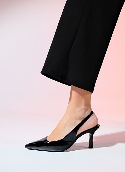 FLEM Siyah Rugan Kadın Sivri Burun Arkası Açık İnce Topuklu Ayakkabı - Görsel 5