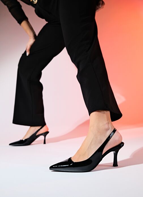 FLEM Siyah Rugan Kadın Sivri Burun Arkası Açık İnce Topuklu Ayakkabı - Görsel 6