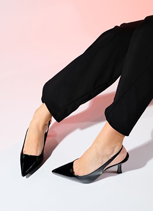 FLEM Siyah Rugan Kadın Sivri Burun Arkası Açık İnce Topuklu Ayakkabı - Görsel 7