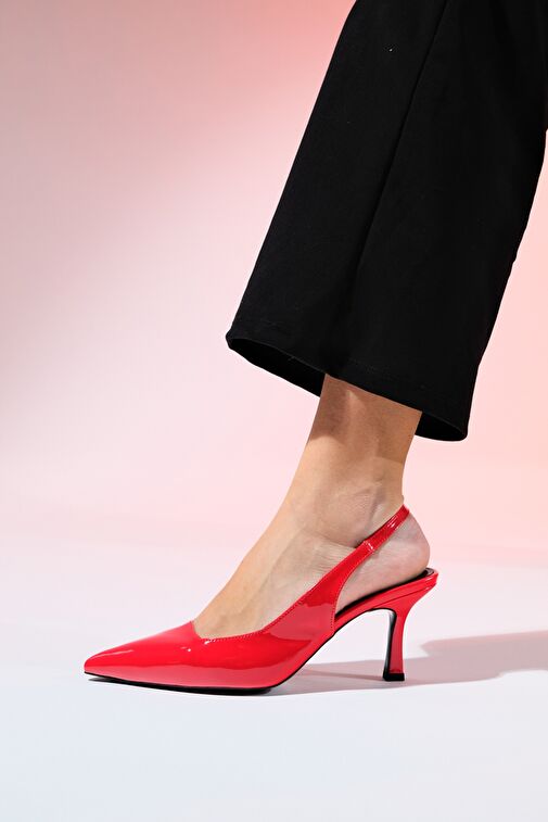 FLEM Kırmızı Rugan Kadın Sivri Burun Arkası Açık İnce Topuklu Ayakkabı - Görsel 3