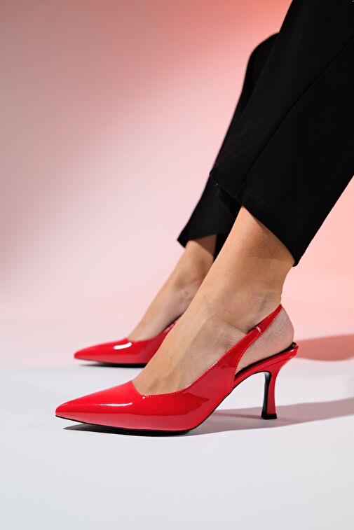 FLEM Kırmızı Rugan Kadın Sivri Burun Arkası Açık İnce Topuklu Ayakkabı - Görsel 5