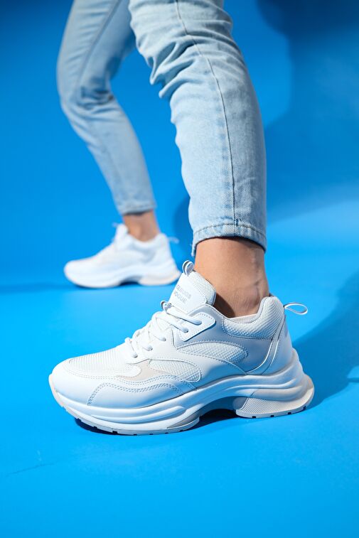 CROWN Beyaz Gri Bağcıklı Kadın Kalın Taban Spor Sneakers - Görsel 2