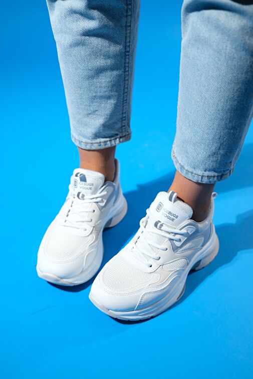 CROWN Beyaz Gri Bağcıklı Kadın Kalın Taban Spor Sneakers - Görsel 3
