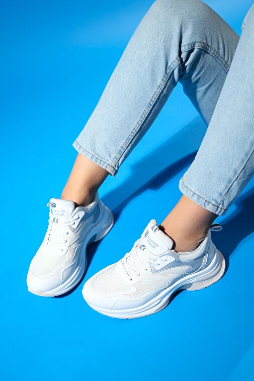 CROWN Beyaz Gri Bağcıklı Kadın Kalın Taban Spor Sneakers - Görsel 5