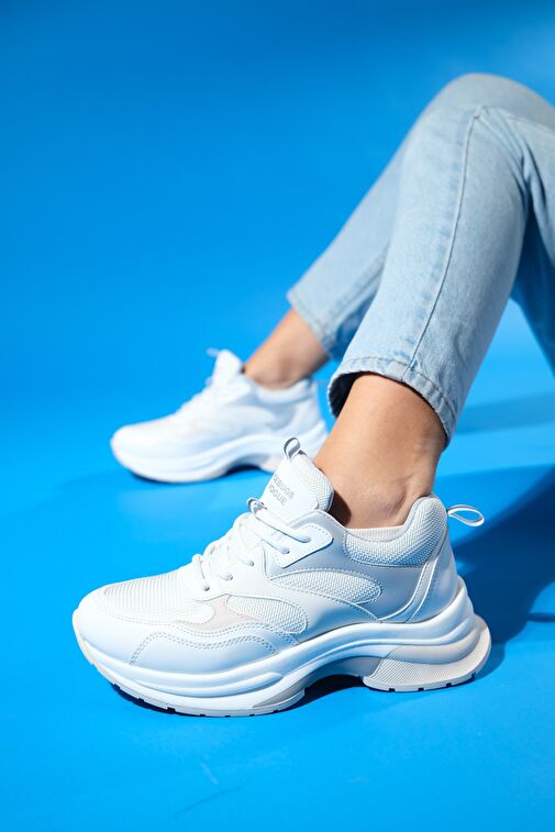 CROWN Beyaz Gri Bağcıklı Kadın Kalın Taban Spor Sneakers - Görsel 6