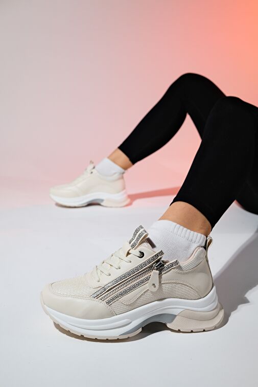 OUDE Ekru Kadın Fermuarlı Kalın Taban Spor Sneakers - Görsel 3