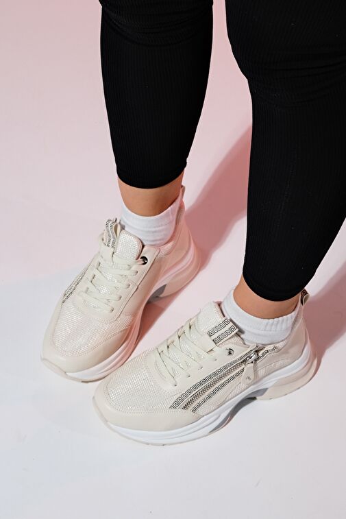 OUDE Ekru Kadın Fermuarlı Kalın Taban Spor Sneakers - Görsel 2