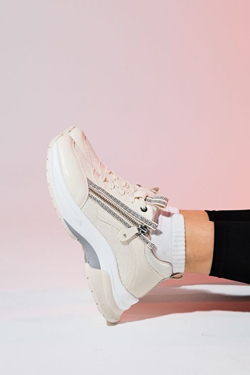 OUDE Ekru Kadın Fermuarlı Kalın Taban Spor Sneakers - Görsel 4