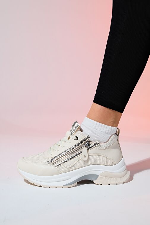 OUDE Ekru Kadın Fermuarlı Kalın Taban Spor Sneakers - Görsel 7