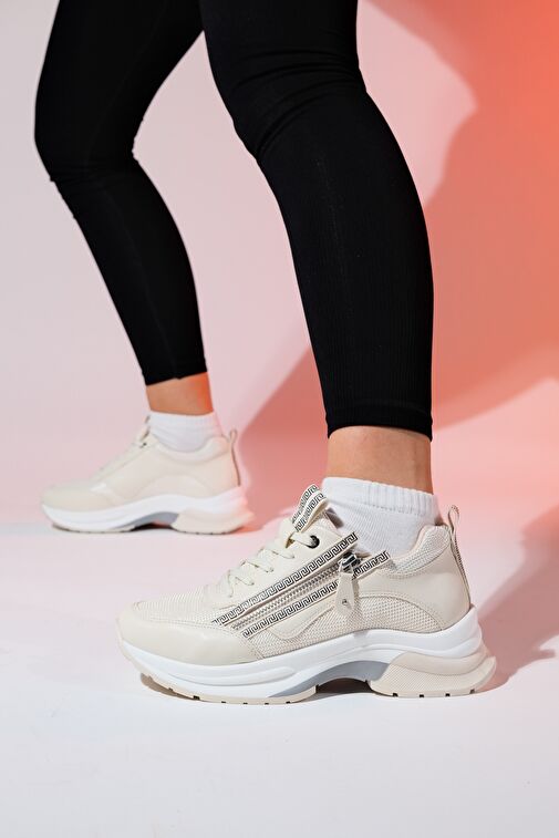 OUDE Ekru Kadın Fermuarlı Kalın Taban Spor Sneakers - Görsel 5