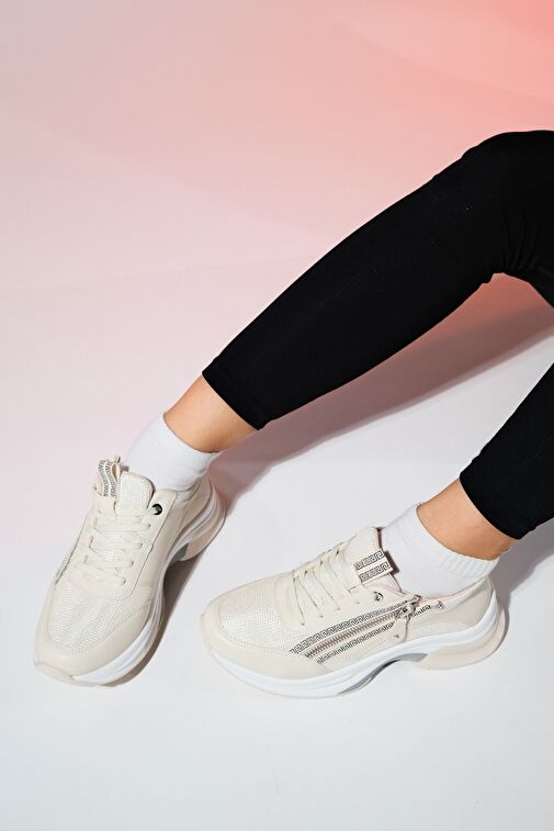 OUDE Ekru Kadın Fermuarlı Kalın Taban Spor Sneakers - Görsel 6