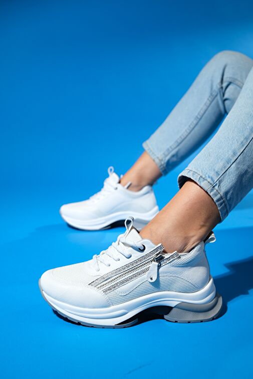 OUDE Beyaz Kadın Fermuarlı Kalın Taban Spor Sneakers - Görsel 3
