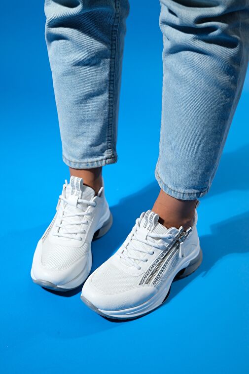 OUDE Beyaz Kadın Fermuarlı Kalın Taban Spor Sneakers - Görsel 4