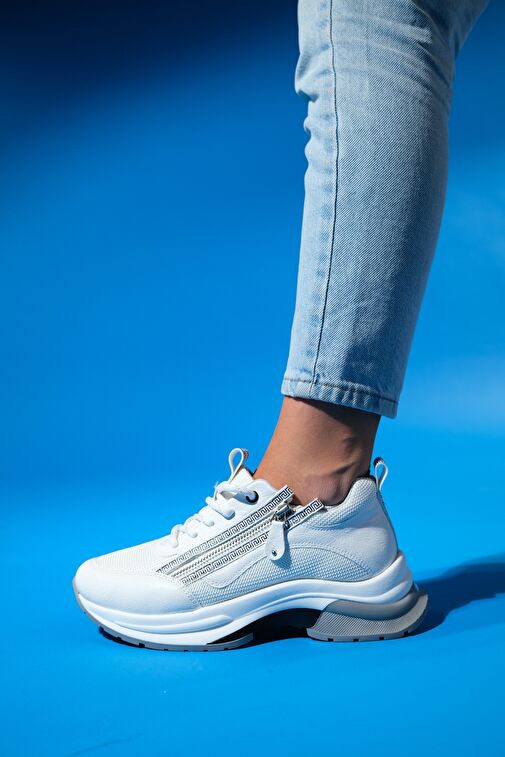 OUDE Beyaz Kadın Fermuarlı Kalın Taban Spor Sneakers - Görsel 7