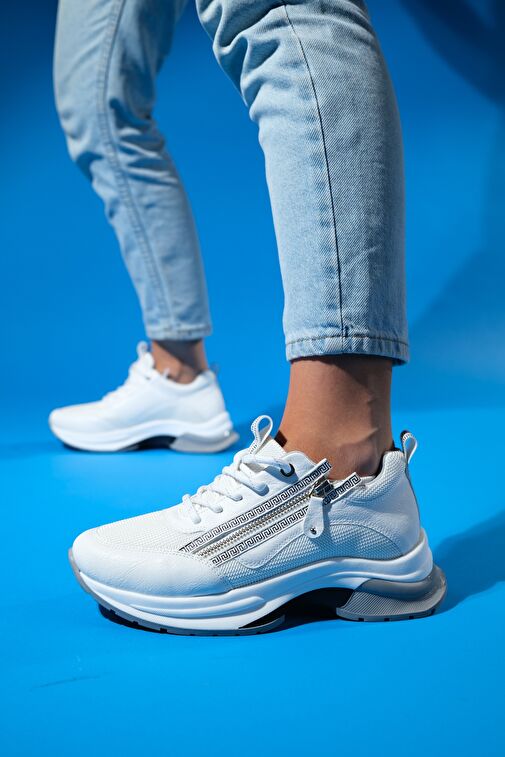 OUDE Beyaz Kadın Fermuarlı Kalın Taban Spor Sneakers - Görsel 5