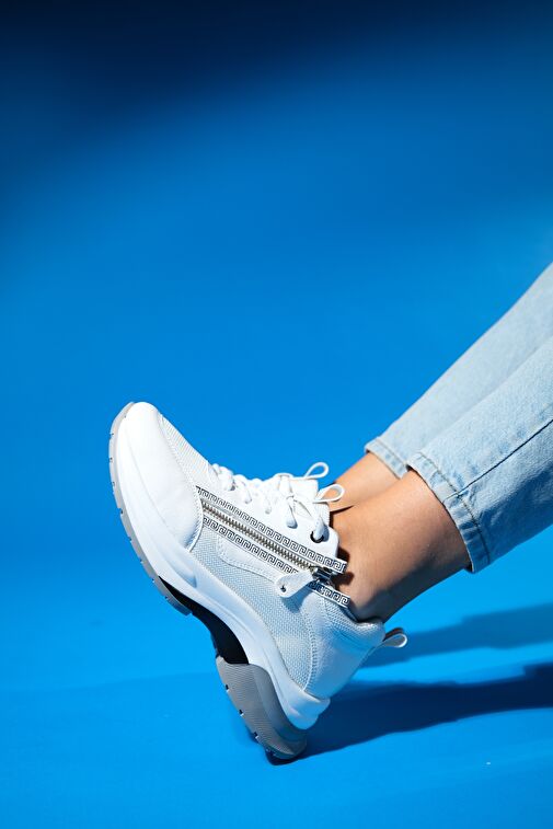 OUDE Beyaz Kadın Fermuarlı Kalın Taban Spor Sneakers - Görsel 6