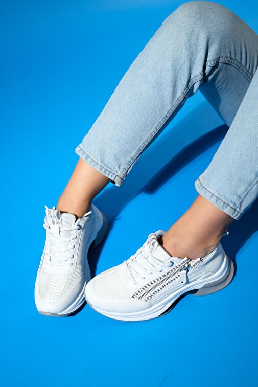 OUDE Beyaz Kadın Fermuarlı Kalın Taban Spor Sneakers - Görsel 2